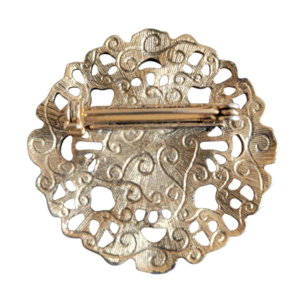 Vintage Ornate Gold Grey Agate Stone Victorian Style Brooch Pin